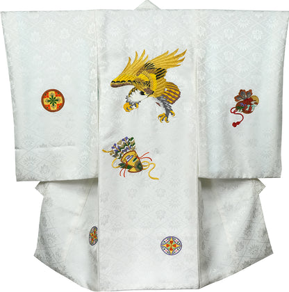 お宮参り着物 男の子 正絹 白地に黄金の鷹と宝尽くし 〜高貴なる白〜d2127