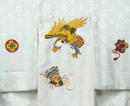 お宮参り着物 男の子 正絹 白地に黄金の鷹と宝尽くし 〜高貴なる白〜d2127