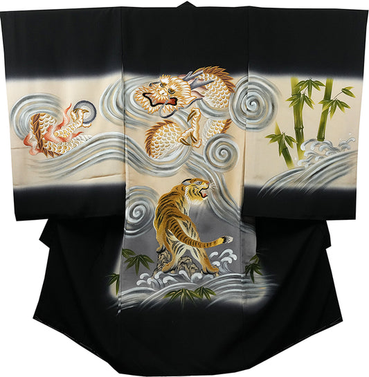 お宮参り着物 男の子 正絹 黒地に龍虎と竹 〜天の龍・地の虎〜d32039