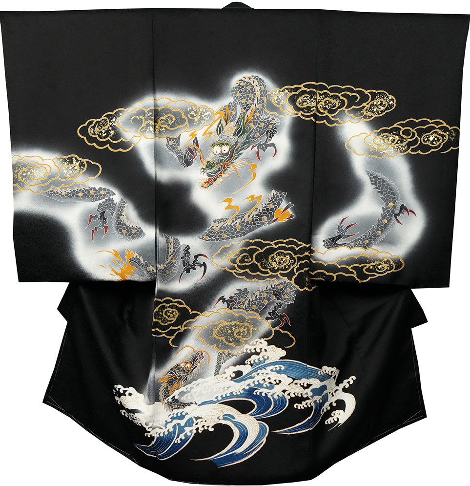 お宮参り着物 男の子 正絹 黒地に雲龍と荒波 〜勇壮なる昇り龍〜d32067