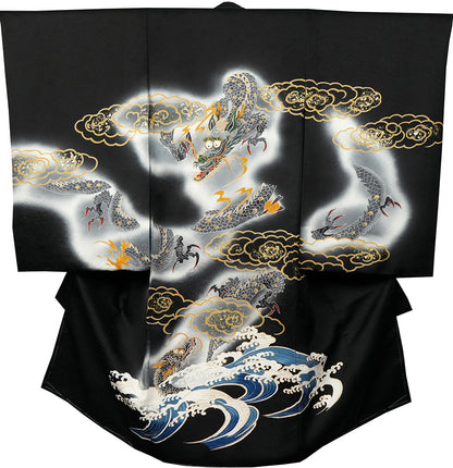 お宮参り着物 男の子 正絹 黒地に雲龍と荒波 〜勇壮なる昇り龍〜d32067