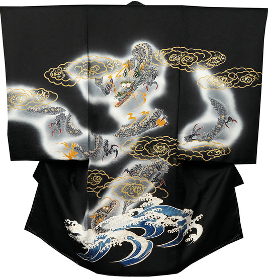 お宮参り着物 男の子 正絹 黒地に雲龍と荒波 〜勇壮なる昇り龍〜d32067