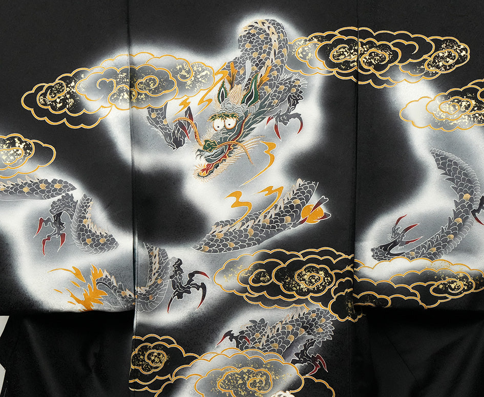 お宮参り着物 男の子 正絹 黒地に雲龍と荒波 〜勇壮なる昇り龍〜d32067