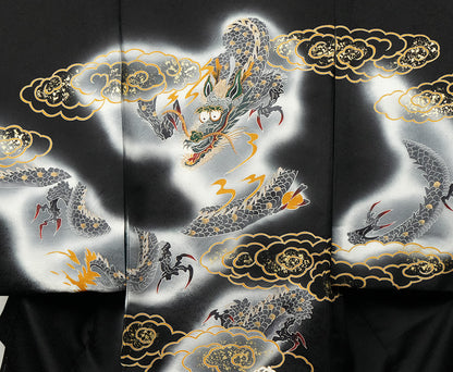 お宮参り着物 男の子 正絹 黒地に雲龍と荒波 〜勇壮なる昇り龍〜d32067