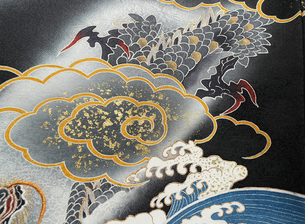 お宮参り着物 男の子 正絹 黒地に雲龍と荒波 〜勇壮なる昇り龍〜d32067