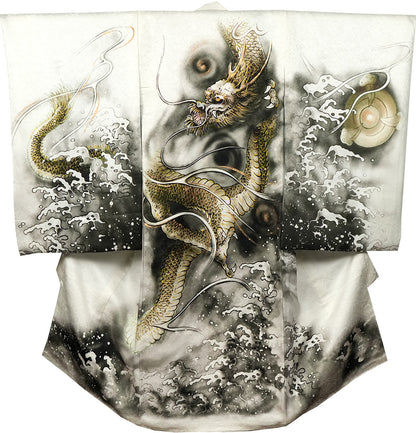 お宮参り着物 男の子 正絹 白地に水墨画風 雲龍と宝珠 〜黄金の龍〜d32068