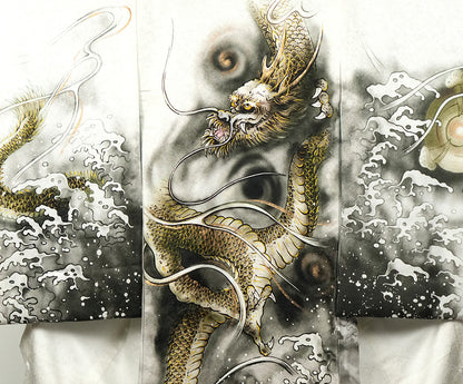 お宮参り着物 男の子 正絹 白地に水墨画風 雲龍と宝珠 〜黄金の龍〜d32068