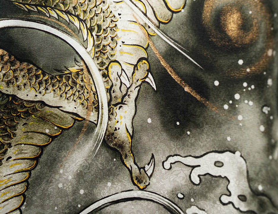 お宮参り着物 男の子 正絹 白地に水墨画風 雲龍と宝珠 〜黄金の龍〜d32068