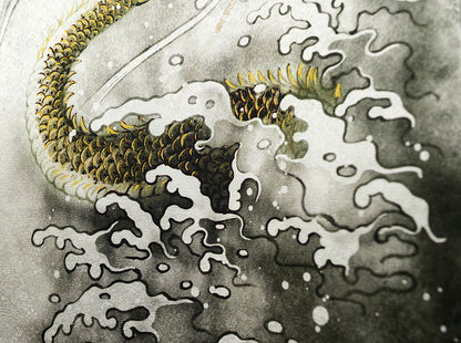 お宮参り着物 男の子 正絹 白地に水墨画風 雲龍と宝珠 〜黄金の龍〜d32068