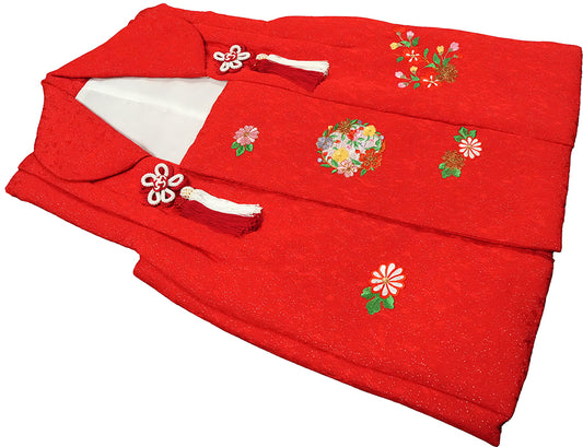 七五三 3歳 女の子 正絹 赤 被布コート 小花刺繍ht334