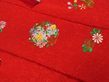 七五三 3歳 女の子 正絹 赤 被布コート 小花刺繍ht334