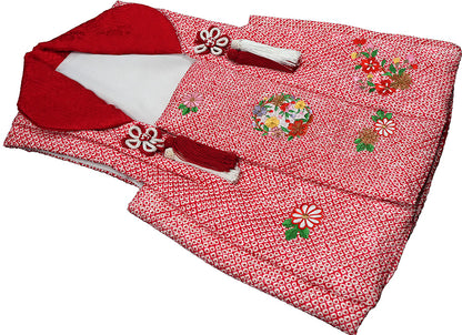 七五三 3歳 正絹 被布コート 女の子 赤 絞り 刺繍入り S寸 ht338