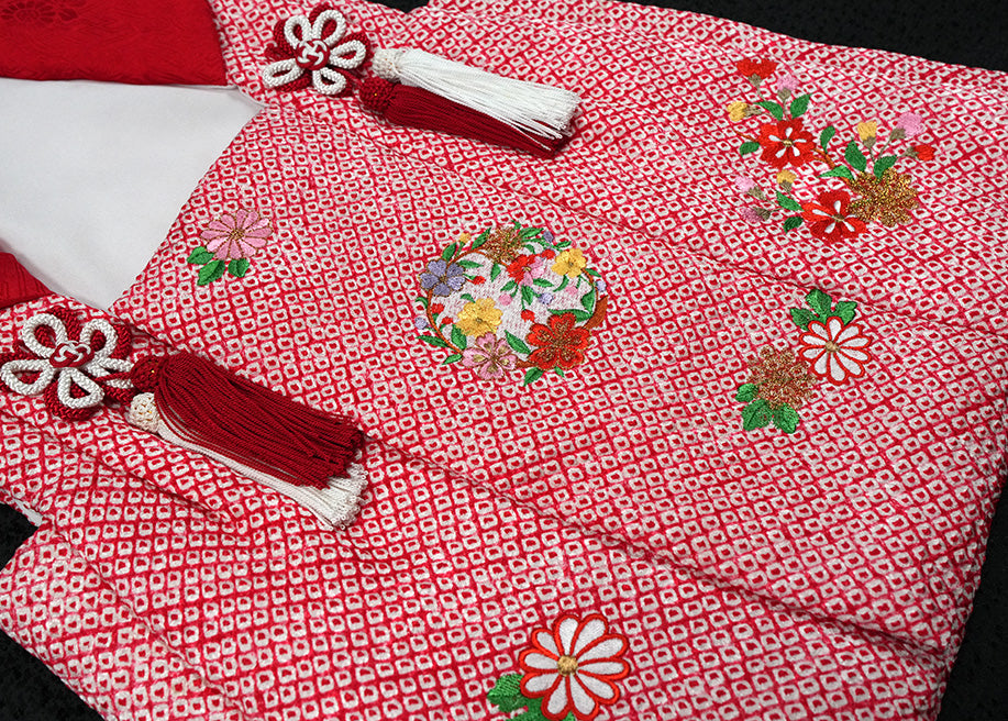 七五三 3歳 正絹 被布コート 女の子 赤 絞り 刺繍入り S寸 ht338