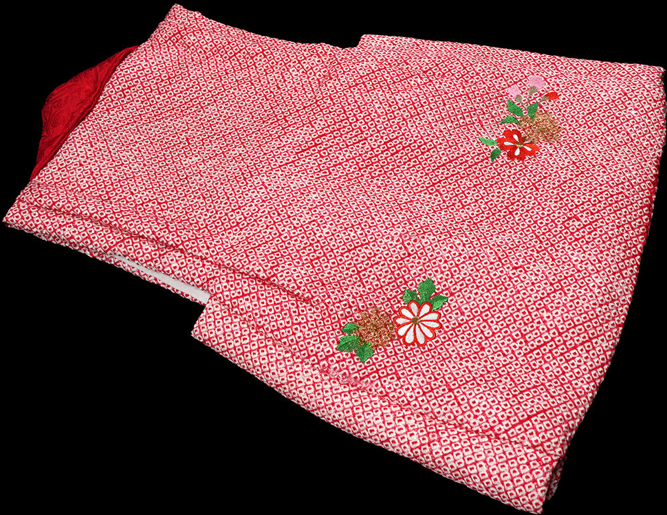 七五三 3歳 正絹 被布コート 女の子 赤 絞り 刺繍入り S寸 ht338