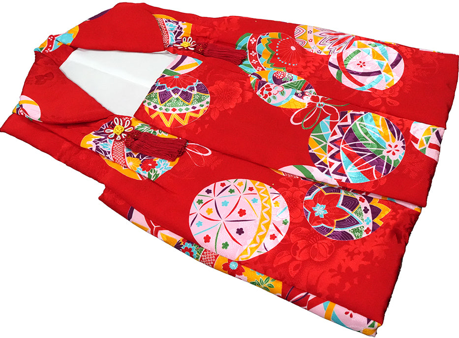 七五三 3歳 正絹 被布コート 女の子 赤地 手まり柄ht340