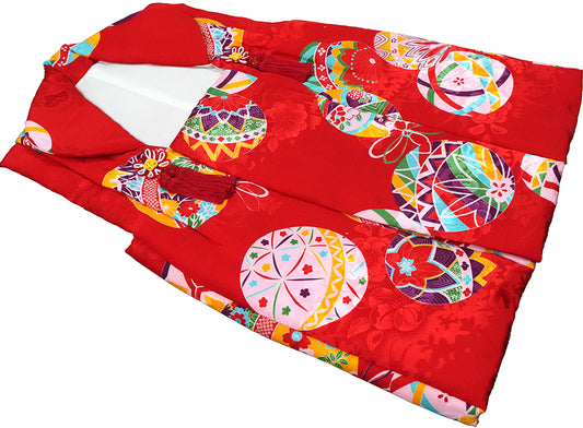 七五三 3歳 正絹 被布コート 女の子 赤地 手まり柄ht340