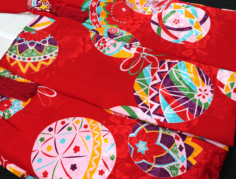 七五三 3歳 正絹 被布コート 女の子 赤地 手まり柄ht340