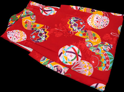 七五三 3歳 正絹 被布コート 女の子 赤地 手まり柄ht340