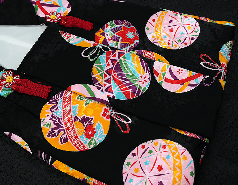 七五三 3歳 正絹 被布コート 女の子 黒地 手まり柄ht341