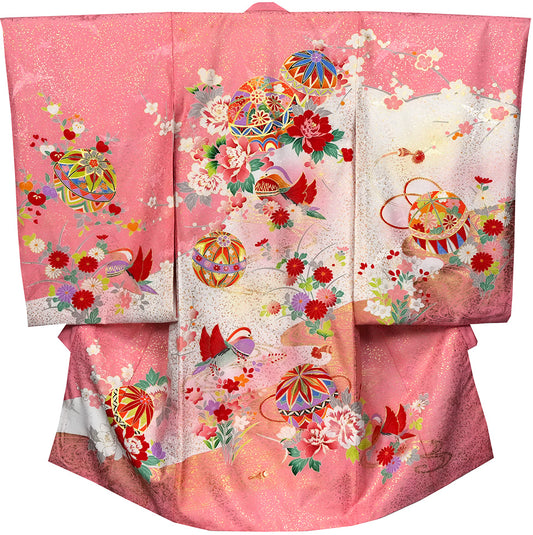 お宮参り 着物 女の子 正絹 祝着 初着 毬柄 ピンク【日本製】j1015