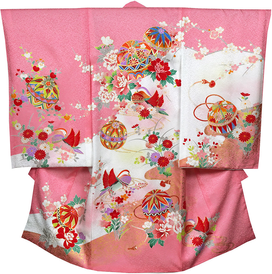お宮参り 着物 女の子 正絹 祝着 初着 毬柄 ピンク【日本製】j1015