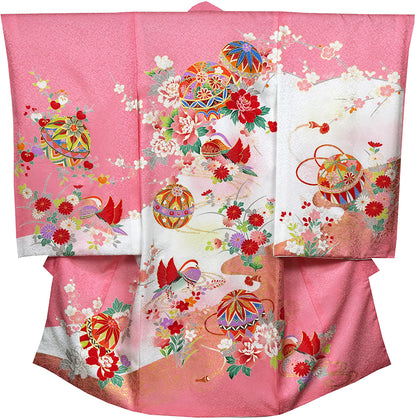 お宮参り 着物 女の子 正絹 祝着 初着 毬柄 ピンク【日本製】j1015