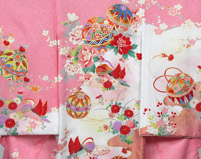 お宮参り 着物 女の子 正絹 祝着 初着 毬柄 ピンク【日本製】j1015