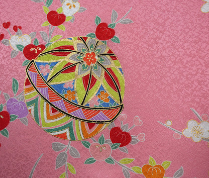 お宮参り 着物 女の子 正絹 祝着 初着 毬柄 ピンク【日本製】j1015