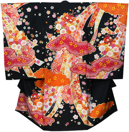 お宮参り 女児 産着 正絹 黒地 鈴に熨斗・四季花 絞り調 金彩 祝着j3027