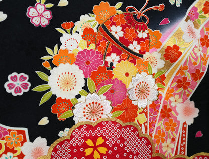 お宮参り 女児 産着 正絹 黒地 鈴に熨斗・四季花 絞り調 金彩 祝着j3027